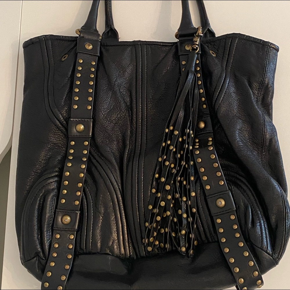Botiker black leather, metal studded handbag